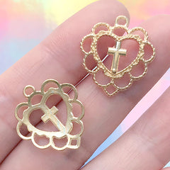 Lace Heart with Latin Cross Pendant | Kawaii Open Bezel Charm for UV Resin Filling  | Lolita Jewelry DIY (2 pcs / Gold / 20mm x 22mm)