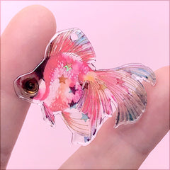 Goldfish Resin Charm with Confetti | Colourful Plastic Fish Pendant | Whimsical Jewellery Making (1 Piece / Red Blue / 38mm x 31mm)
