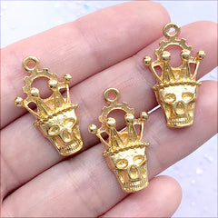 Skull with Crown Charm | Kawaii Goth Jewellery DIY | Halloween Craft Supplies (3 pcs / Gold / 15mm x 26mm)