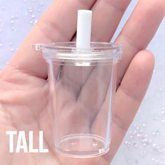 Miniature Iced Coffee Cup | Dollhouse Bubble Tea Cup | Kawaii Fake Food Keychain Making (1 Set / Tall, Flat Lid and White Straw)