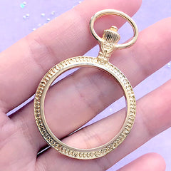 Round Pocket Watch Open Bezel Charm | Steampunk Jewelry Supplies | Kawaii Deco Frame for UV Resin Filling (1 piece / Gold / 35mm x 52mm / 2 Sided)