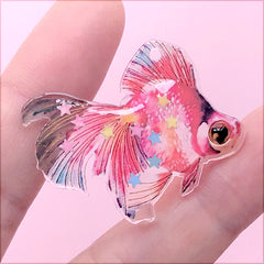 Goldfish Resin Charm with Confetti | Colourful Plastic Fish Pendant | Whimsical Jewellery Making (1 Piece / Red Blue / 38mm x 31mm)