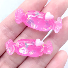 Glittery Candy Cabochon with Iridescent Flakes | Kawaii Sweet Deco | Phone Case Decoden Supplies (2 pcs / Dark Pink / 15mm x 37mm)