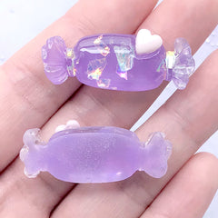 Iridescent Candy with Heart Cabochons | Kawaii Phone Case Decoden | Fake Sweet Jewelry Supplies (2 pcs / Purple / 15mm x 37mm)