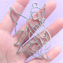 Big Fairy Open Back Bezel Charm | Fairy Tale Creature Deco Frame for UV Resin Filling | Kawaii Jewelry DIY (1 piece / Silver / 58mm x 70mm)