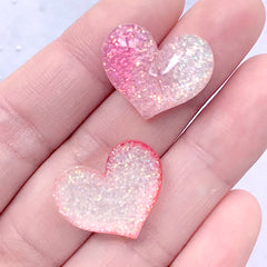 Kawaii Heart Resin Cabochons with Glitter | Glittery Decoden Cabochon Supplies (Pink / 3 pcs / 20mm x 18mm)