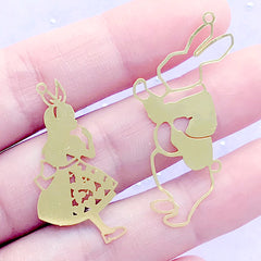 Alice in Wonderland and White Rabbit Metal Bookmark Charm | Fairytale Deco Frame for UV Resin Filling | Kawaii Jewellery Supplies (2 pcs)