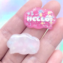 Glittery Hello Bubble Speech Decoden Cabochon | Kawaii Resin Flatback Embellishments (6 pcs / Mix / 28mm x 18mm)