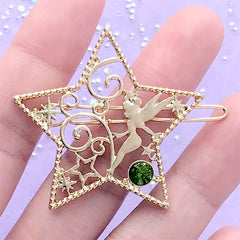 Fairy and Star Open Back Bezel Hair Clip | Kawaii Fairytale Deco Frame | UV Resin Jewelry Supplies (1 piece / Gold / 41mm x 39mm)