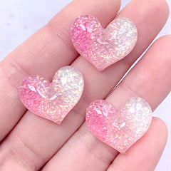 Kawaii Heart Resin Cabochons with Glitter | Glittery Decoden Cabochon Supplies (Pink / 3 pcs / 20mm x 18mm)