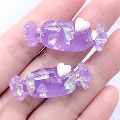 Iridescent Candy with Heart Cabochons | Kawaii Phone Case Decoden | Fake Sweet Jewelry Supplies (2 pcs / Purple / 15mm x 37mm)