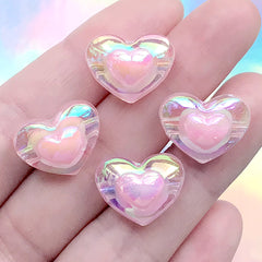 Chunky Heart Beads in Iridescent Color | Kawaii Jewelry DIY | Acrylic Bead Supplies (AB Pink / 4 pcs / 17mm x 13mm)