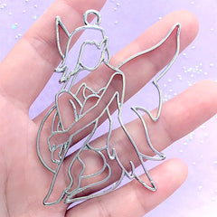 Big Fairy Open Back Bezel Charm | Fairy Tale Creature Deco Frame for UV Resin Filling | Kawaii Jewelry DIY (1 piece / Silver / 58mm x 70mm)