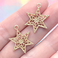 Six Pointed Star Charm | Filigree Hexagram Pendant | Sacred Geometry Jewellery DIY (2 pcs / Gold / 17mm x 23mm)