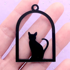 Cat and Bird Cage Open Bezel Pendant | Acrylic Deco Frame for UV Resin Filling | Kawaii Resin Crafts (1 piece / Black / 34mm x 49mm / 2 Sided)