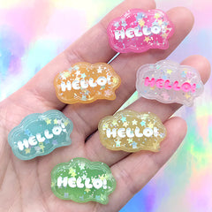 Glittery Hello Bubble Speech Decoden Cabochon | Kawaii Resin Flatback Embellishments (6 pcs / Mix / 28mm x 18mm)