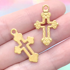 Budded Cross Charm | Apostles Cross Pendant | Hollow Cathedral Cross | Kawaii Gothic Jewelry Making (4 pcs / Gold / 16mm x 26mm)