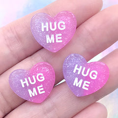Faux Conversation Heart Cabochons | Hug Me Sweetheart Embellishments | Fake Sweets Deco | Kawaii Jewelry DIY (3 pcs / Purple Pink / 19mm x 16mm)