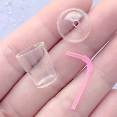 Miniature Bubble Tea Cup with Dome Lid and Straw | Dollhouse Frappuccino Cup | Doll House Boba Tea Cup (1 Set / Translucent Pink / 14mm x 21mm)