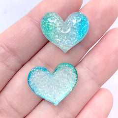 Heart Cabochons with Glitter | Glittery Decoden Cabochon | Kawaii Phone Case Deco Supplies (Blue Green / 3 pcs / 20mm x 18mm)