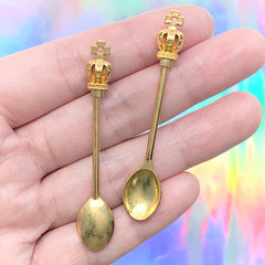 Miniature Spoon Charm | Crown Spoon Pendant | Dollhouse Cutlery | Mini Food Craft Supplies (2 pcs / Gold / 10mm x 56mm)