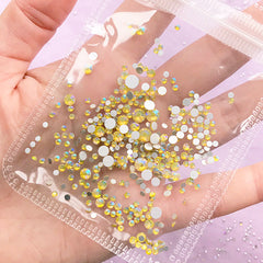 AB Round Glass Rhinestones | Aurora Borealis Crystal in Various Sizes | Faceted Flat Back Rhinestones (AB Yellow / SS4 to SS20 / Around 300 pcs)