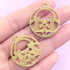 Double Cat Circle Open Bezel Charm | Round Animal Deco Frame | Kawaii UV Resin Jewellery Making (2 pcs / Gold / 27mm x 29mm)