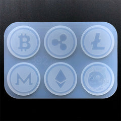 Cryptocurrency Silicone Mold Assortment (6 Cavity) | Bitcoin Ethereum Dogecoin Litecoin Monero Ripple Coin Mould | Resin Craft Supplies (40mm)