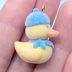 3D Rubber Duck Charm | Flocked Bathing Duck Animal Pendant | Kawaii Jewelry DIY (1 piece / 17mm x 26mm)