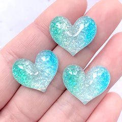 Heart Cabochons with Glitter | Glittery Decoden Cabochon | Kawaii Phone Case Deco Supplies (Blue Green / 3 pcs / 20mm x 18mm)