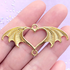 Devil Wings Open Bezel Connector Charm with Heart Frame | Halloween Pendant | UV Resin | Kawaii Goth Jewelry DIY (1 piece / Gold / 51mm x 25mm)