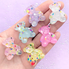 Glittery Bear Cabochon Assortment | Decoden Embellishments | Kawaii Cell Phone Deco | Resin Animal Cabochons (6 pcs / Mix / 24mm x 29mm)