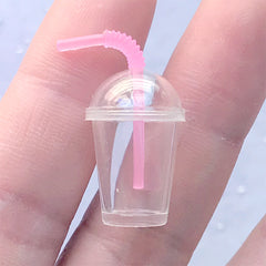 Miniature Bubble Tea Cup with Dome Lid and Straw | Dollhouse Frappuccino Cup | Doll House Boba Tea Cup (1 Set / Translucent Pink / 14mm x 21mm)