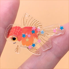 Colorful Goldfish Resin Charm with Confetti | Fish Plastic Pendant | Cute Jewellery Supplies (1 Piece / Red Orange / 38mm x 27mm)