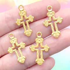 Budded Cross Charm | Apostles Cross Pendant | Hollow Cathedral Cross | Kawaii Gothic Jewelry Making (4 pcs / Gold / 16mm x 26mm)