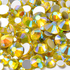 AB Round Glass Rhinestones | Aurora Borealis Crystal in Various Sizes | Faceted Flat Back Rhinestones (AB Yellow / SS4 to SS20 / Around 300 pcs)