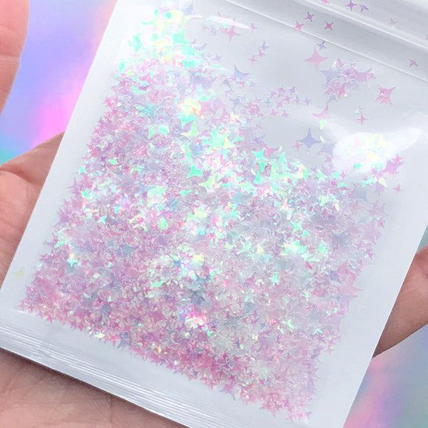 Aurora Borealis Four Point Star Glitter | Iridescent Cross Star Confetti | Holo Sprinkles | Holographic Resin Fillers (AB Transparent Clear)