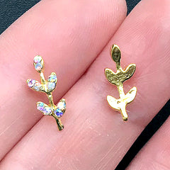 Tiny Leaf with Rhinestone Embellishments for Nail Art | Resin Piece Decoration | Resin Jewelry DIY (2 pcs / 5mm x 13mm)
