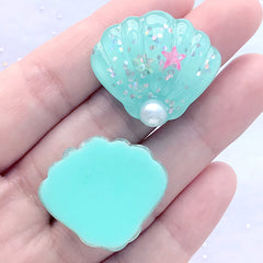 Sea Shell Cabochons | Decoden Resin Cabochon | Kawaii Embellishment | Phone Case Deco (2 pcs / Blue Green / 27mm x 25mm)