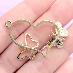 Heart Open Bezel Charm with 3D Butterfly | Deco Frame for UV Resin Jewelry DIY | Kawaii Craft Supplies (1 piece / Gold / 40mm x 25mm)