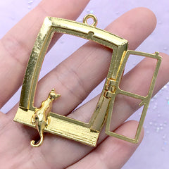 Cat Sitting on Window Open Bezel Charm with Movable Window Frame | Kawaii Kitty Deco Frame for UV Resin Filling (1 piece / Gold / 36mm x 55mm)