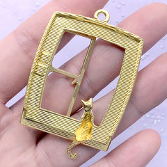 Cat Sitting on Window Open Bezel Charm with Movable Window Frame | Kawaii Kitty Deco Frame for UV Resin Filling (1 piece / Gold / 36mm x 55mm)