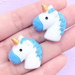 Kawaii Unicorn Head Cabochons | Decoden Phone Case Supplies | Legendary Creature Resin Cabochon (2 pcs / Blue / 25mm x 25mm)