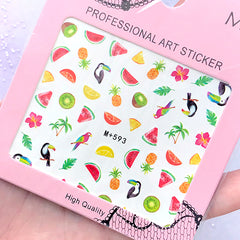 Summer Fruit Decal Sheet | Watermelon Kiwi Pineapple Toucans Palm Tree Water Transfer Sticker | Nail Art Supplies