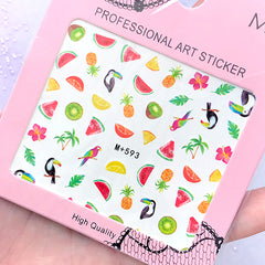 Summer Fruit Decal Sheet | Watermelon Kiwi Pineapple Toucans Palm Tree Water Transfer Sticker | Nail Art Supplies