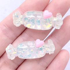 Kawaii Candy Cabochon with Iridescent Glitter | Kawaii Decoden Cabochons | Fake Sweets Jewelry Making (2 pcs / White / 15mm x 37mm)