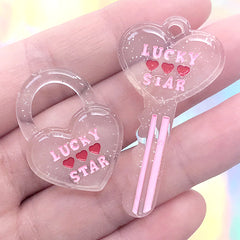 Heart Key and Key Lock Pendant | Kawaii Decoden Cabochon | Cute Resin Charm | Toddler Jewelry Making (2 pcs / Pink)