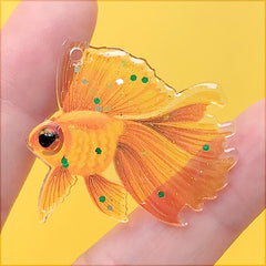 Resin Goldfish Charm with Glitter | Colorful Fish Pendant | Kawaii Jewellery DIY (1 Piece / Orange / 35mm x 35mm)