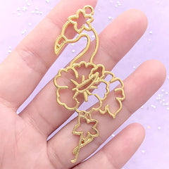 Flamingo and Laceleaf Open Bezel Pendant | Flower Bird Charm | Animal Deco Frame | UV Resin Jewellery DIY (1 piece / Gold / 34mm x 68mm)