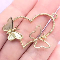 Heart Open Bezel Charm with 3D Butterfly | Deco Frame for UV Resin Jewelry DIY | Kawaii Craft Supplies (1 piece / Gold / 40mm x 25mm)